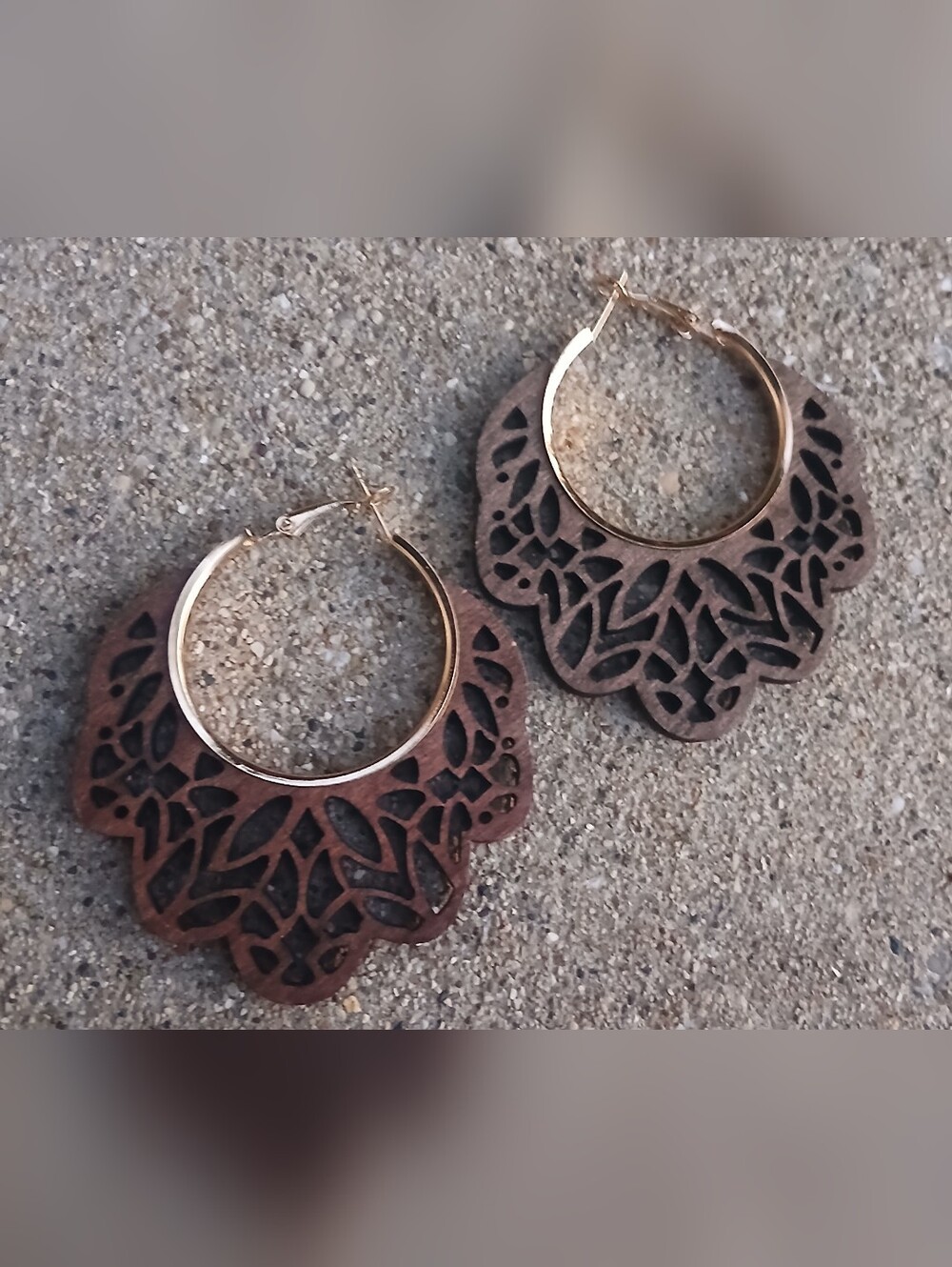 Gold Hoop Earrings with Brown Laser-Cut Wood Accents